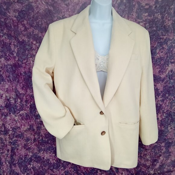 Vintage '80s Mervyns Partners Blazer Wool-Blend 3-Pockets Lined Cream Lady-(L) - Picture 1 of 13